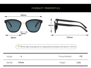 Size guide for retro sunglasses showing dimensions like 142mm width and 44mm lens height