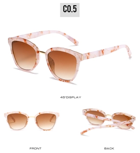 Three-way view of retro marble pattern sunglasses with gradient lenses and gold accents