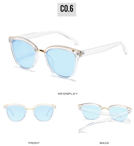 Three-angle view of retro light blue lens sunglasses with clear frames and gold bridge