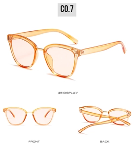 Multi-angle view of orange transparent cat-eye sunglasses with detailed metal bridge
