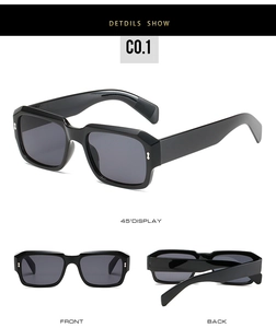 Detailed multi-angle views of black rectangular sunglasses with silver rivet accents