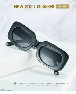 Detail of vintage square black sunglasses frame with dark lenses on a white display stand