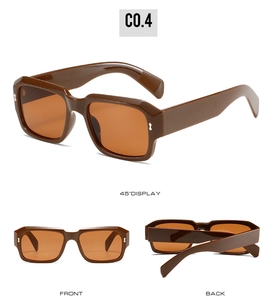Detailed views of polygon sunglasses with thick brown frames and orange lenses