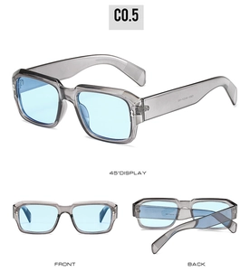 Three-angle view showing transparent grey frame and blue lenses of rectangular sunglasses