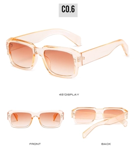 Detailed views of translucent orange polygonal sunglasses with gradient lenses and rice nail decor