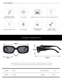 Detailed technical diagram of black rectangular sunglasses showing PC frame dimensions