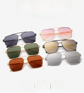 Detailed close-up of double bridge aviator sunglasses in six metallic frame colors