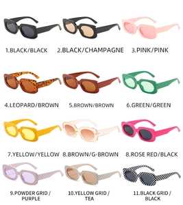 Collage of rectangular sunglasses in twelve candy colors and checkerboard patterns