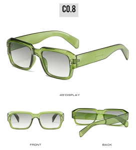 Detailed views of jelly green rectangular sunglasses with gradient gray lenses from three angles