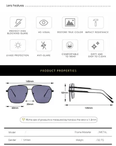 Detailed size chart for unisex double bridge metal sunglasses with UV400 protection specs