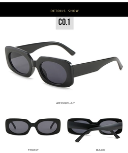 Three-view layout of retro black rectangular sunglasses with glossy finish frames