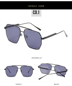 Detail view of double-bridge sunglasses with blue-purple lenses and black metal frames