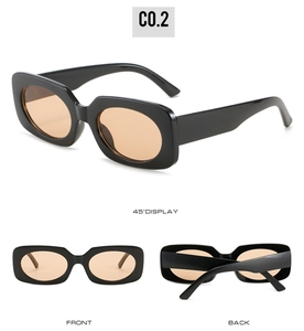 Three-angle view of vintage square sunglasses with black frame and orange lenses