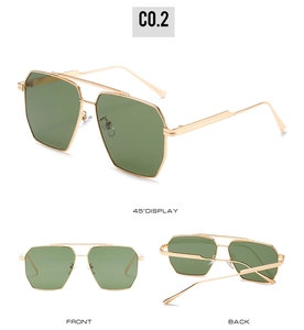 Detailed views of gold metal double-bridge sunglasses with green hexagonal lenses