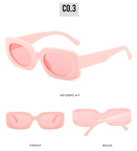 Pink rectangular retro sunglasses shown from front, back, and 45-degree angles