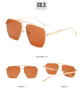 Three-angle display of aviator-style sunglasses with gold frames and orange lenses