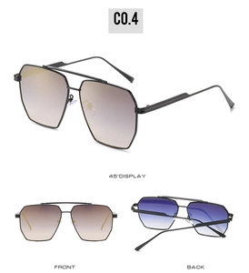 Detailed views of double-bridge aviator sunglasses with gradient lenses and black metal frame