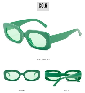 Three-view display of neon green rectangular sunglasses with polished chunky frame