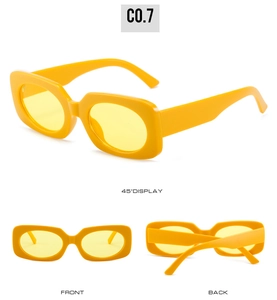 Three perspectives of retro square yellow sunglasses in Y2K style with tinted lenses