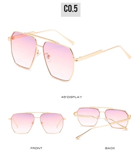 Multiple views of double-bridge oversized sunglasses with purple to pink gradient lenses