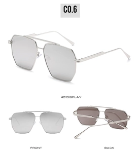 Three views of silver geometric polygonal sunglasses with mirrored lenses and double bridge