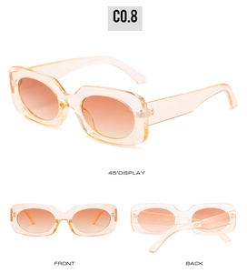 Three-way view of rectangular orange sunglasses showing front, side and back details