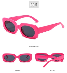 Three-view display of hot pink rectangle sunglasses with high-gloss finish and dark lenses
