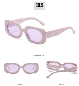 Three views of pink checkered rectangle sunglasses with purple lenses and metal hinges