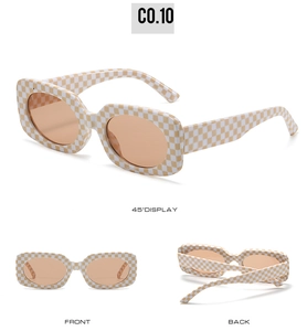 Detailed views of beige checkerboard rectangular sunglasses with amber lenses from three angles