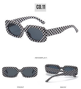 Three perspectives of retro rectangle sunglasses with black and white checkered frames
