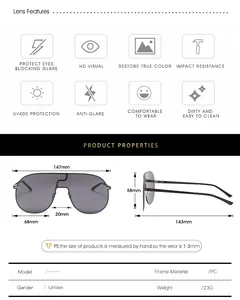 Spécifications détaillées des lunettes de soleil sans monture avec dimensions et matière