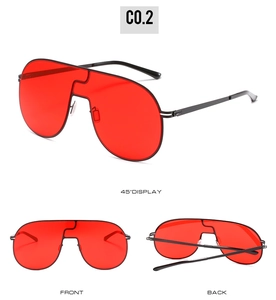 Trois vues de lunettes de soleil sans monture surdimensionnées avec verres rouges