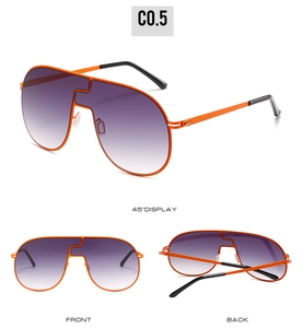 Vues détaillées de lunettes de soleil orange sans monture avec verres dégradés violets sous 3 angles