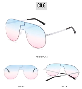 Détail de lunettes de soleil oversize sans monture avec cadre en métal et verres dégradés bleu-rose