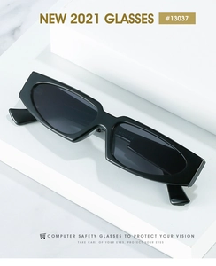 Detailed view of black rectangle sunglasses with dark lenses on white pedestal