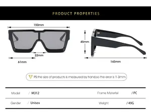 Detailed size guide and technical specifications for square fashion sunglasses in PC frame