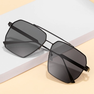 Fashionable double bridge polygonal sunglasses with black metal frame and dark lenses