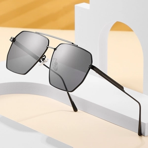 Minimalist double bridge square sunglasses with black metal frame and dark gray lenses