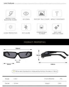 Detailed size chart for triangular narrow frame sunglasses with frame dimensions and specs
