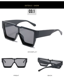 Detailed multi-angle views of black flat top oversized square sunglasses for women