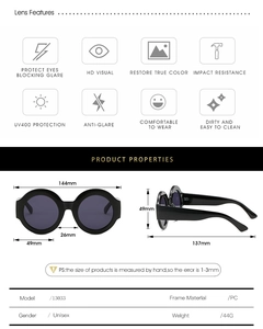 Detailed size chart for oversized round sunglasses with UV400 protection and dimensions