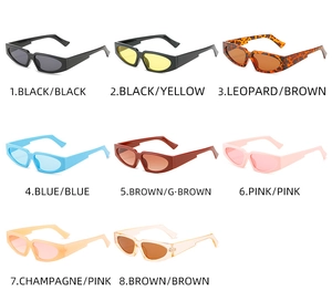 Matrix display of retro narrow rectangular sunglasses in 8 various fashion color schemes
