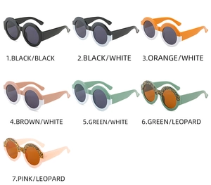 Close-up of oversized round sunglasses showing various two-tone color frame options