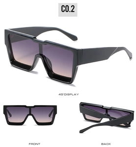 Multi-angle views of square oversized sunglasses with black frames and gradient lenses
