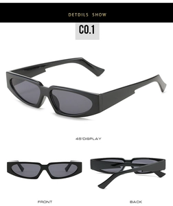 Three views of retro black narrow cat-eye sunglasses with dark grey UV lenses