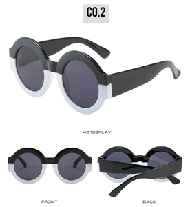 Three views showing front and back of retro round two-tone sunglasses in black and white