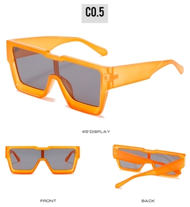 Three-angle view of oversized orange square sunglasses with gradient grey lenses