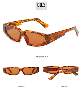 Three-way view of retro leopard print triangle sunglasses with brown lenses and geometric frame