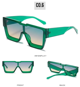 Three-way view of square sunglasses featuring transparent green frames and gradient lenses