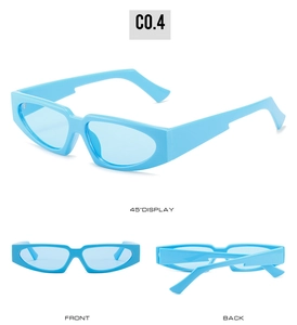 Detailed multi-angle view of light blue cat-eye sunglasses with narrow plastic frame